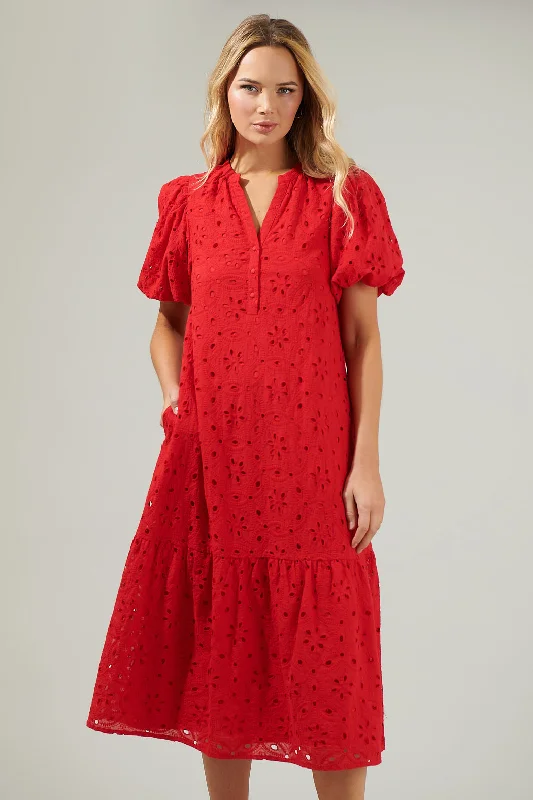 Lace Overlay Midi Dresses -Villa Nova Eyelet Midi Dress