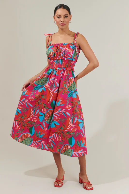 Retro-Print Midi Dresses -Cactus Blossom Smocked Waist Tie Strap Poplin Midi Dress