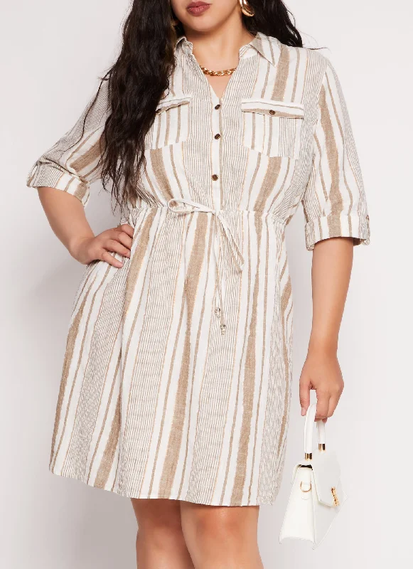 Midi Dresses for Fashion Nights -Plus Size Lurex Striped Linen Shirt Dress