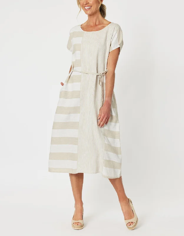 Tied-Back Midi Dresses -Patio Stripe Midi Dress - Natural