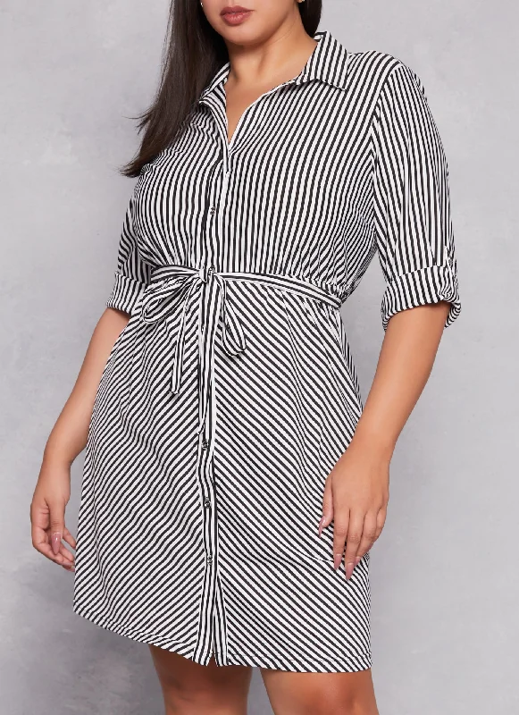 Long-Hem Midi Dresses -Plus Size Striped Button Front Tabbed Sleeve Shirt Dress