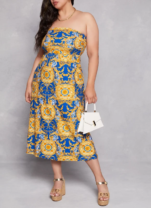 Midi Dresses for Casual Nights -Plus Size Baroque Greek Key Print Sundress