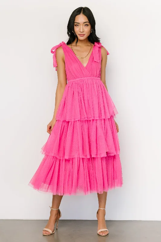 Side-Slit Midi Dresses -Tessa Tiered Tulle Tank Dress | Hot Pink