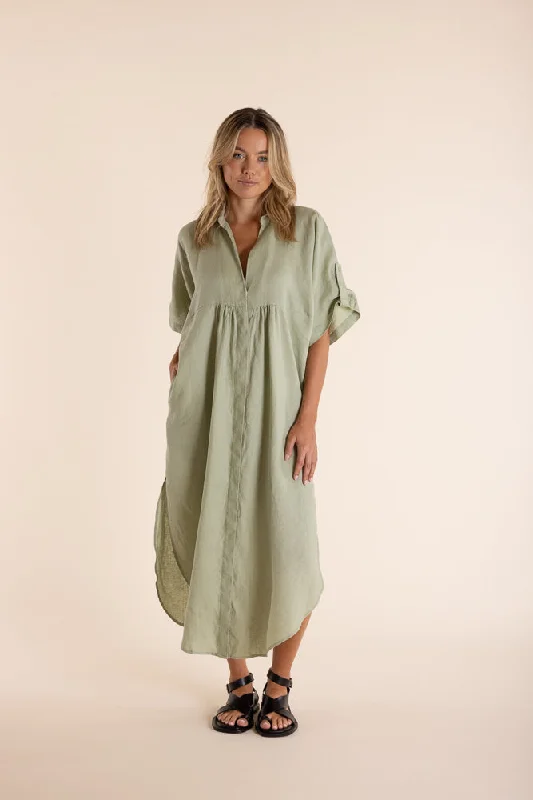 Ruffle-Neck Midi Dresses -Linen Midi Dress - Avocado