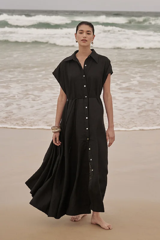 Midi Dresses for Weekend Trips -LANA BLACK LINEN MIDI SHIRT DRESS