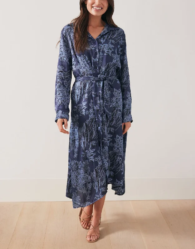 Curved-Hem Midi Dresses -Botanic Print Midi Shirt Dress - Navy