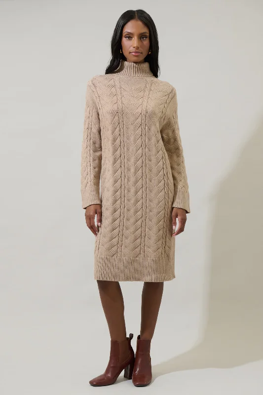 Tiered Midi Dresses for Depth -Raven Cable Knit Sweater Midi Dress