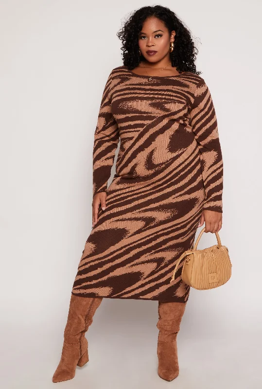 Midi Dresses for Special Nights -Plus Size Almost Famous Printed Midi Sweater Dress