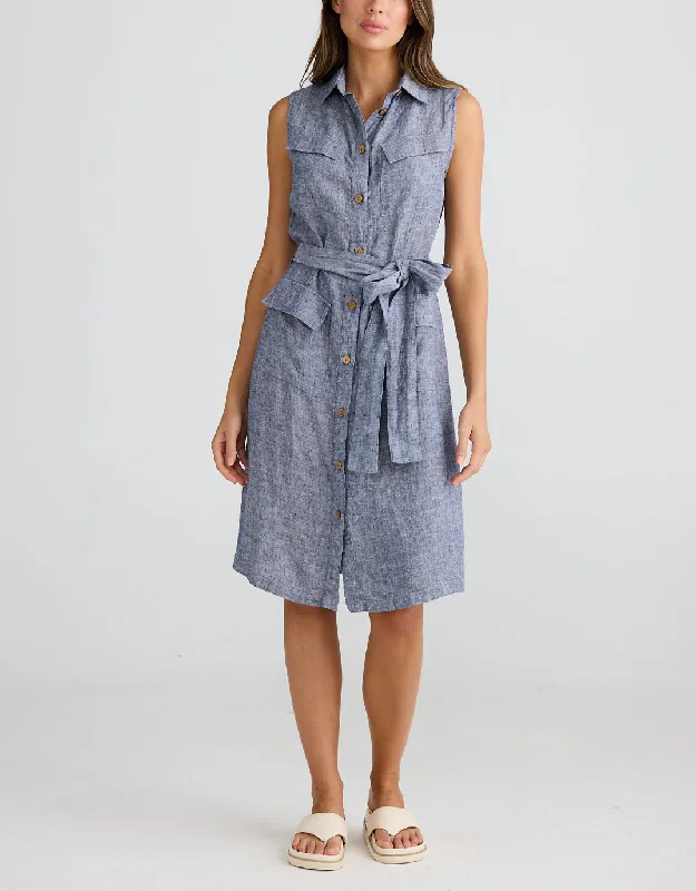 Swing-Edge Midi Dresses -Didi Linen Shirt Dress - Navy Fleck