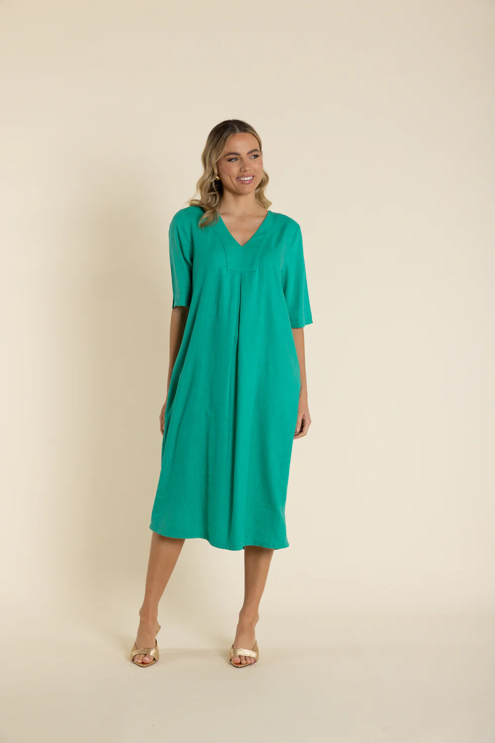 Shirred Midi Dresses for Fit -V-Neck Midi Dress - Emerald