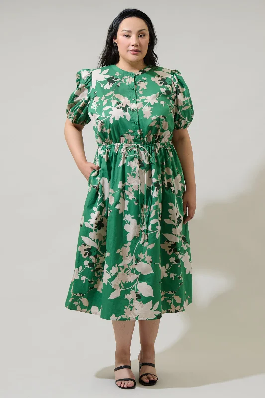 Flounce-Front Midi Dresses -Nora Floral Terri Button Down Midi Dress Curve