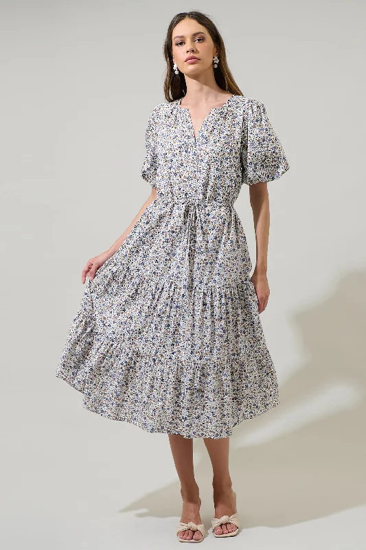 Midi Dresses for Goodbye Dinners -Heath Floral Balloon Sleeve Tiered Midi Dress