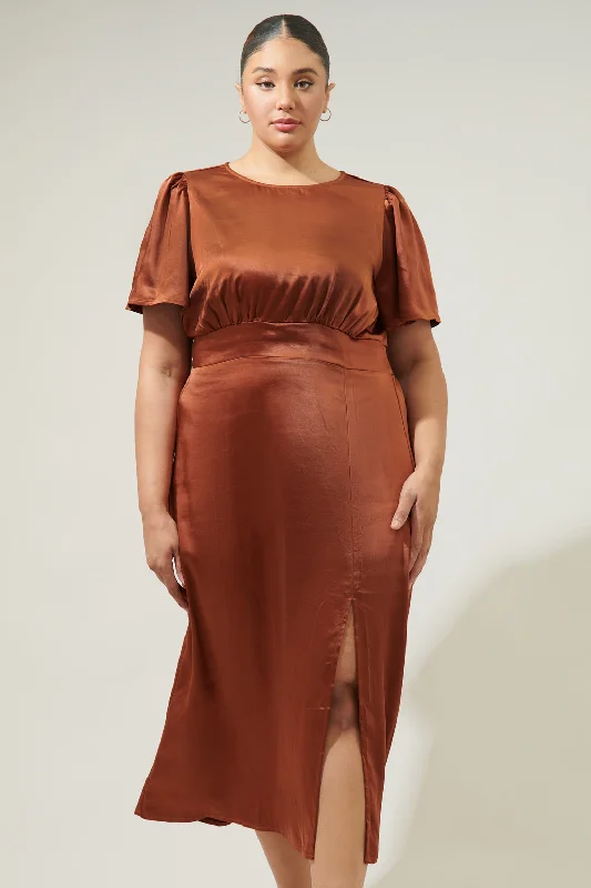 Midi Dresses for Pool Fun -Spice Satin Bloom Midi Dress Curve