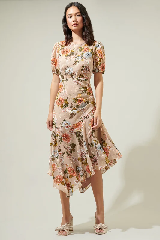 Open-Back Midi Dresses -Harbin Floral Balboa Asymmetrical Midi Dress