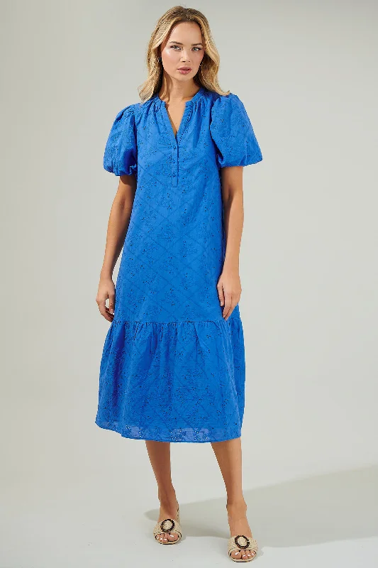 Blue Midi Dresses in Satin -Mar Nova Eyelet Midi Dress