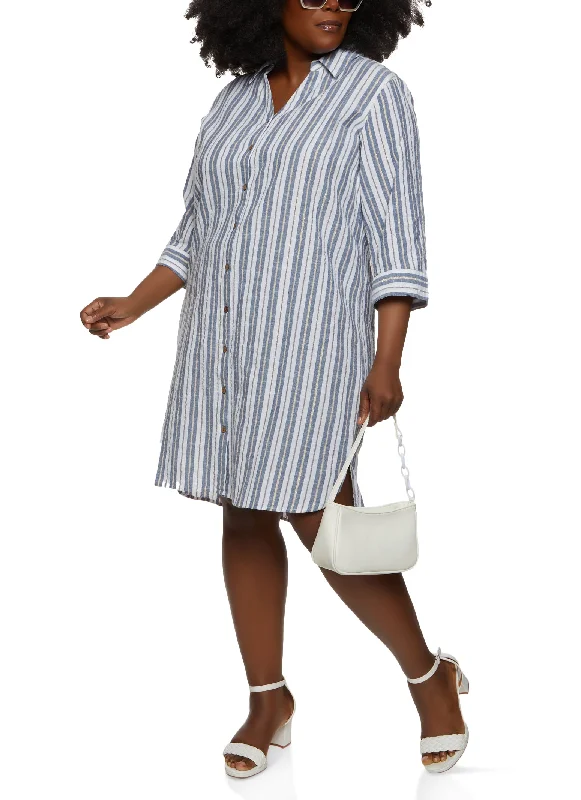 Open-Back Midi Dresses -Plus Size Stripe Button Front Shirt Dress