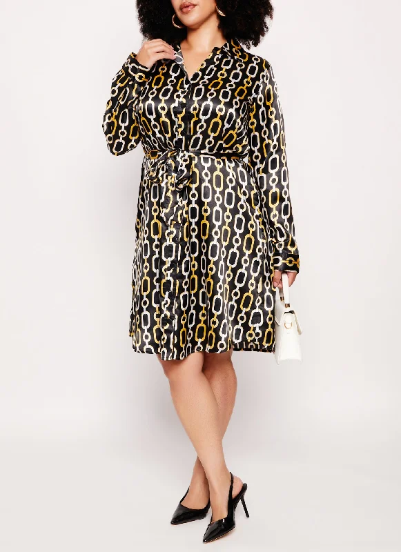 Lace-Sleeve Midi Dresses -Plus Size Satin Chain Print Button Front Shirt Dress