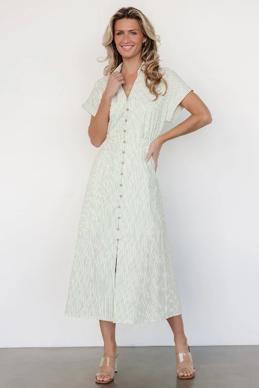 Side-Back Midi Dresses -Larah Button Dress | Sage Stripe