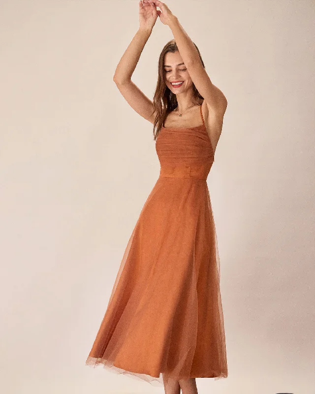 Denim Midi Dresses for Ease -Caramel Mesh Flowy Slip Midi Dress