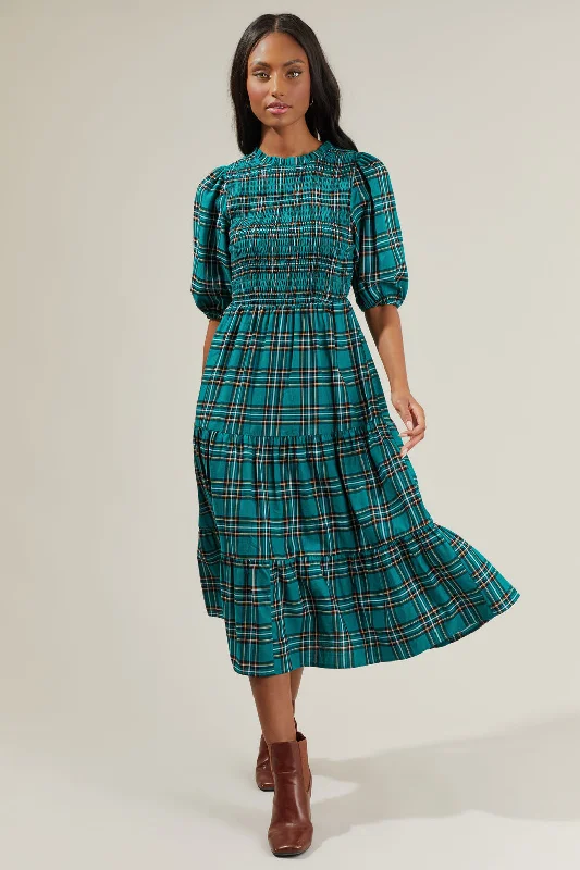 Midi Dresses for Festival Nights -Melody Plaid Smocked Tiered Midi Dress