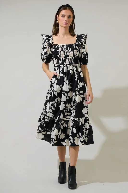 Midi Dresses for Night Chill -Mableton Floral Rosswell Smocked Midi Dress