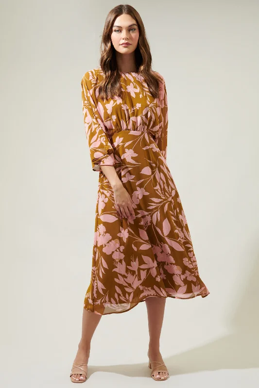 Midi Dresses for Patio Fun -Magnolia Floral Kimono Sleeve Drapery Midi Dress