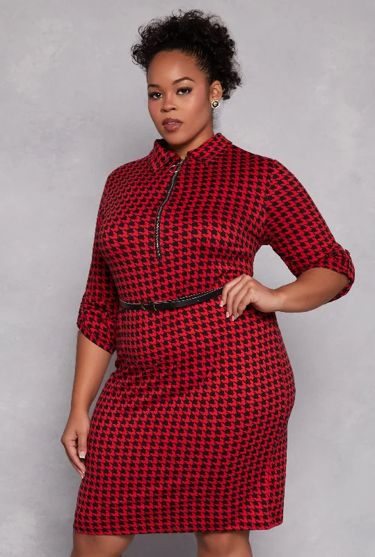 Midi Dresses for Bridesmaid Roles -Plus Size Houndstooth Half Zip Midi Dress