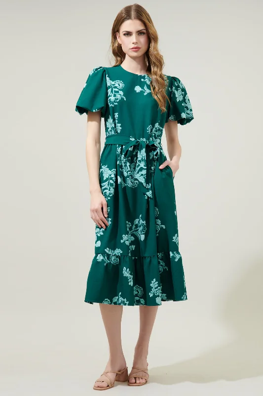 Midi Dresses for Day Trips -Piney Jacobean Palomino Bubble Sleeve Midi Dress