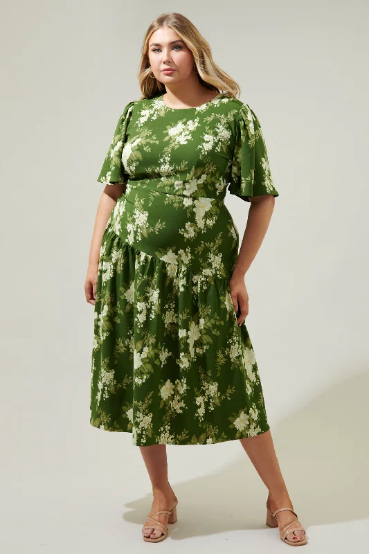 Midi Dresses for Summer Fun -Vetiver Floral Rhythm Drape Midi Dress Curve