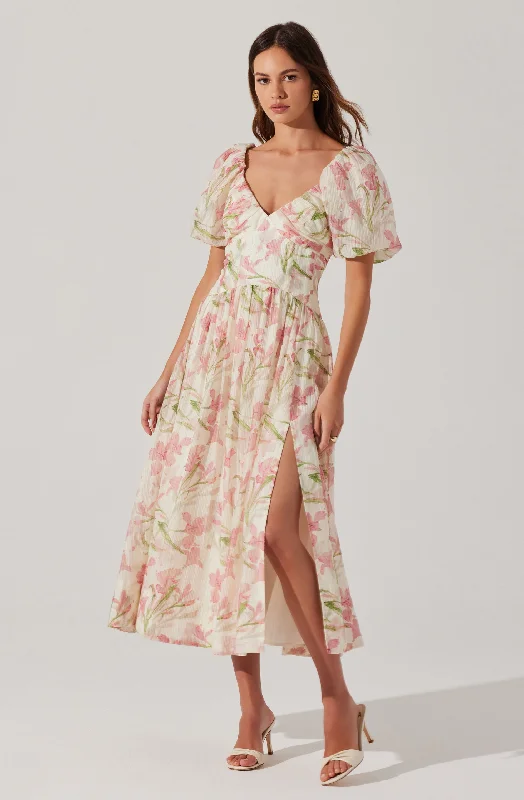 Midi Dresses for Grad Celebrations -Sasilia Floral Puff Sleeve Dress