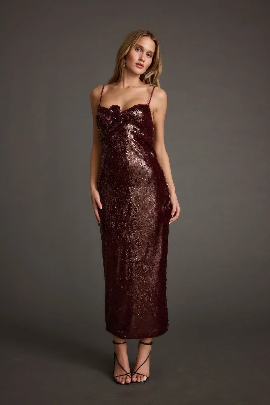 Lace-Back Midi Dresses -All For You Merlot Sequin Rosette Midi Dress