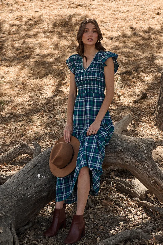 One-Shoulder Midi Dresses -Buckley Plaid Sunfire Smocked Bodice Tiered Midi Dress