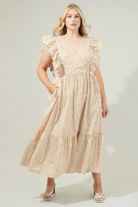 Ruffled-Edge Midi Dresses -Luna Striped Fairness Taupe Poplin Surplice Midi Dress Curve