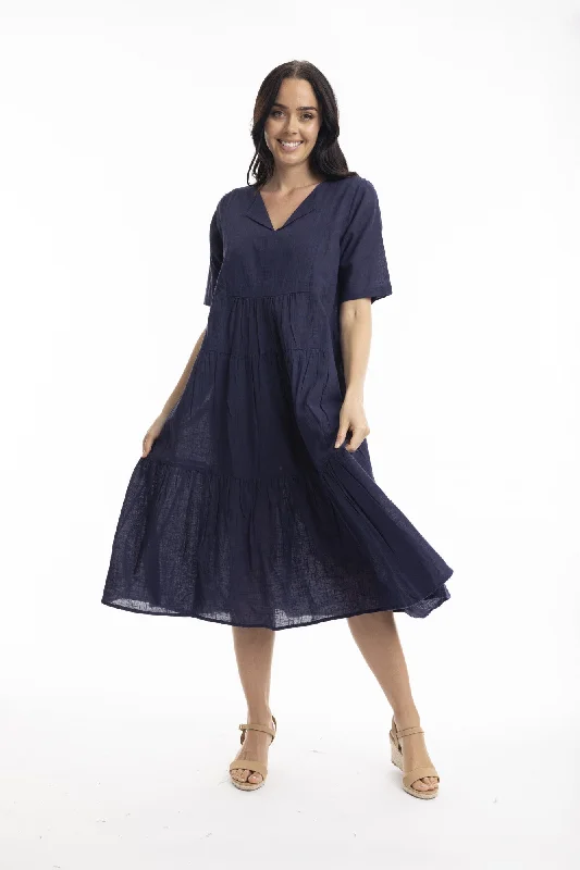 Midi Dresses for Casual Nights -Essentials Cotton Slub Layered Midi Dress - Navy