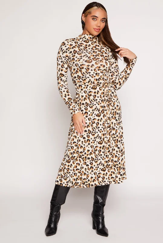 Midi Dresses for Group Nights -Leopard Print Tie Waist Belted Midi Dress