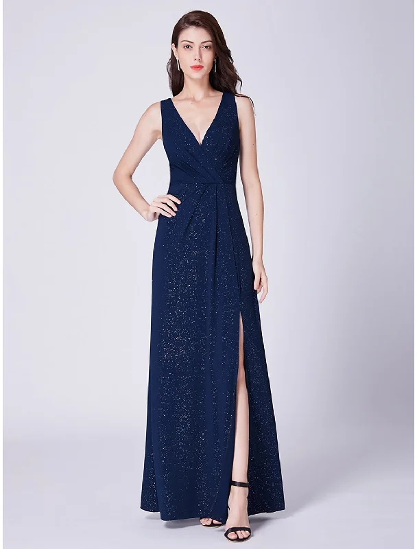 Mesh-Back Evening Dress -A-Line Elegant Formal Evening Dress V Neck Sleeveless Floor Length Cotton Blend with Draping