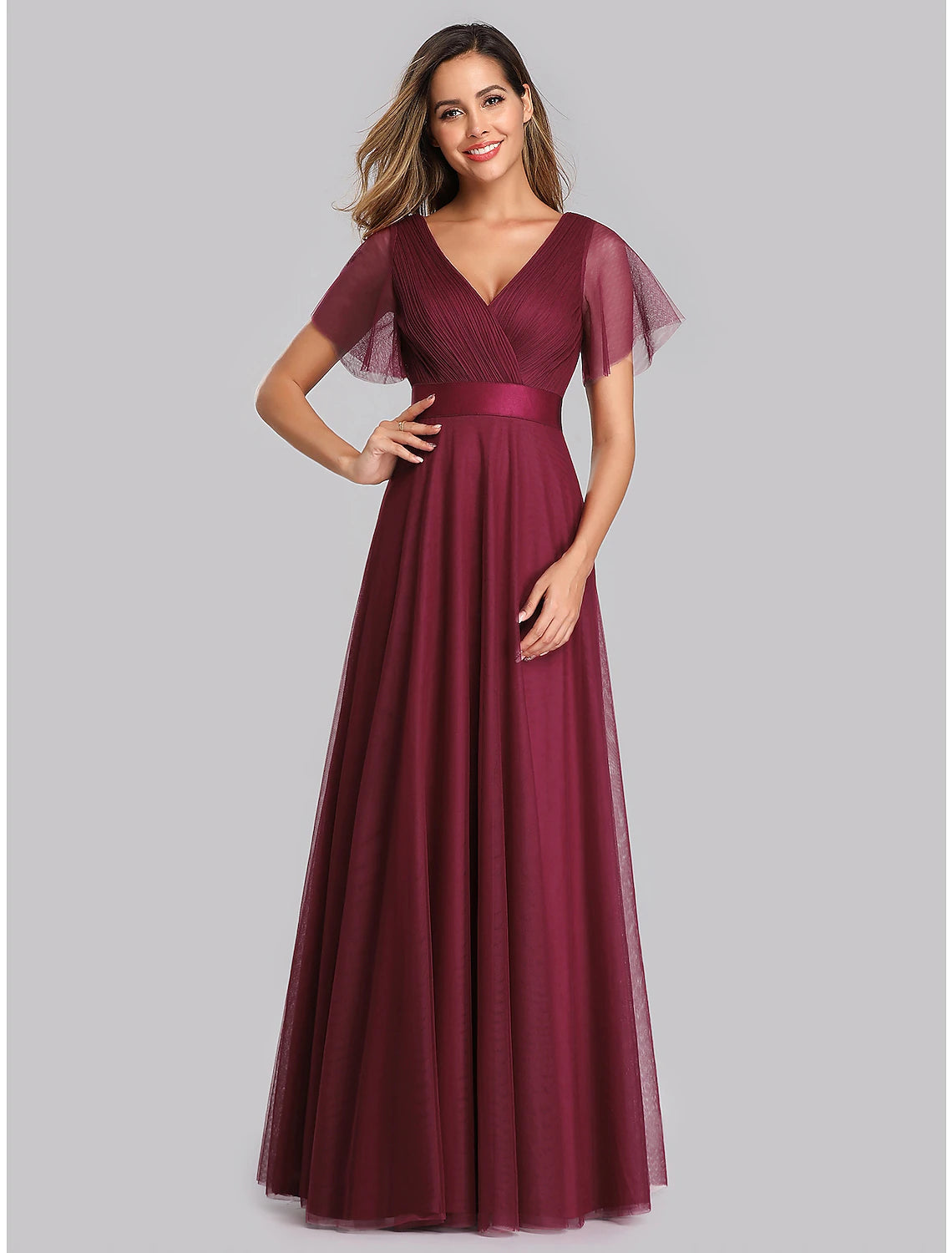 Plush-Velvet Evening Dress -A-Line Empire Wedding Guest Prom Dress V Neck V Back Short Sleeve Floor Length Chiffon with Pleats Ruched