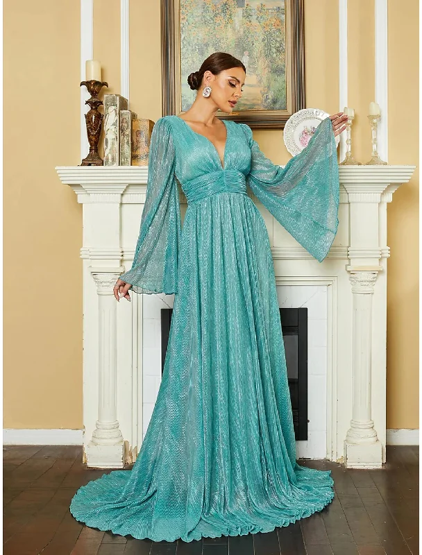 Summer-Picnic Evening Dress -A-Line Evening Gown Elegant Dress Formal Court Train Long Sleeve V Neck Sequined with Glitter Pleats