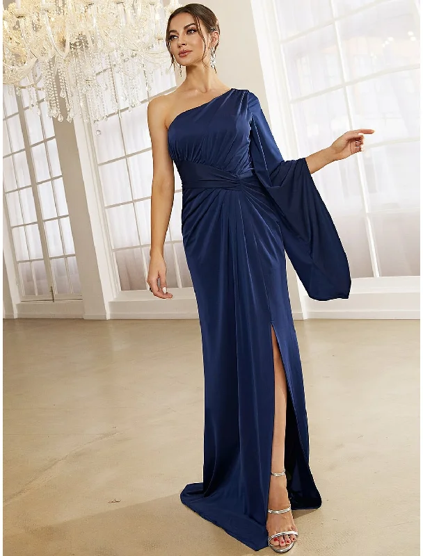 Sweetheart-Neck Evening Dress -A-Line Evening Gown Elegant Dress Formal Fall Sweep / Brush Train Long Sleeve One Shoulder Stretch Fabric with Pleats Ruched Slit