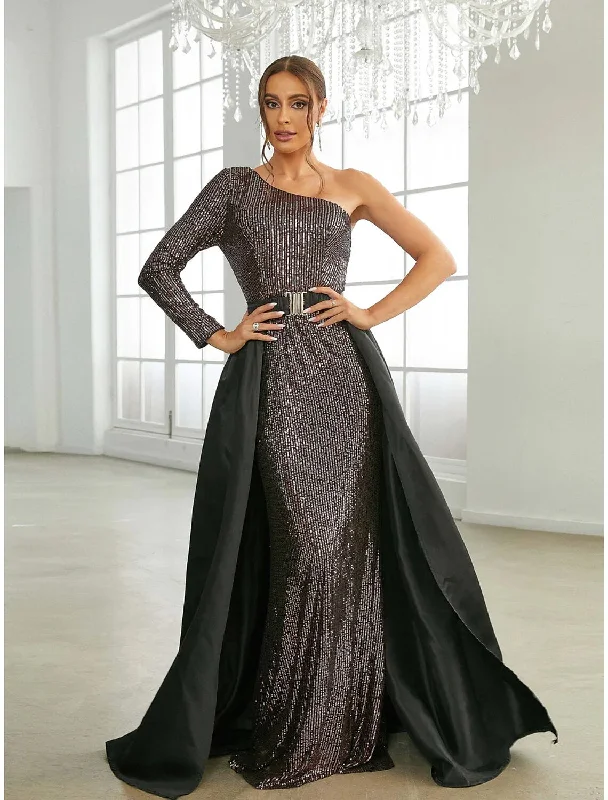 Coffee-Date Evening Dress -A-Line Evening Gown Elegant Dress Formal Sweep / Brush Train Long Sleeve One Shoulder Sequined with Glitter Pleats