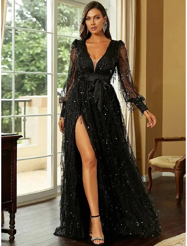 Twist-Back Evening Dress -A-Line Evening Gown Elegant Dress Formal Sweep / Brush Train Long Sleeve V Neck Sequined with Glitter Slit Strappy