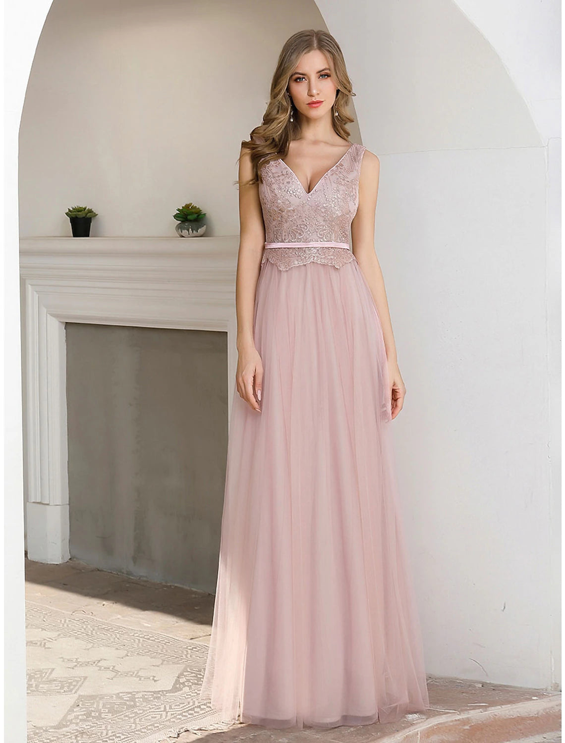 Patio-Fun Evening Dress -A-Line Evening Gown Elegant Dress Wedding Guest Formal Evening Floor Length Sleeveless V Neck Satin V Back with Sash / Ribbon Sequin