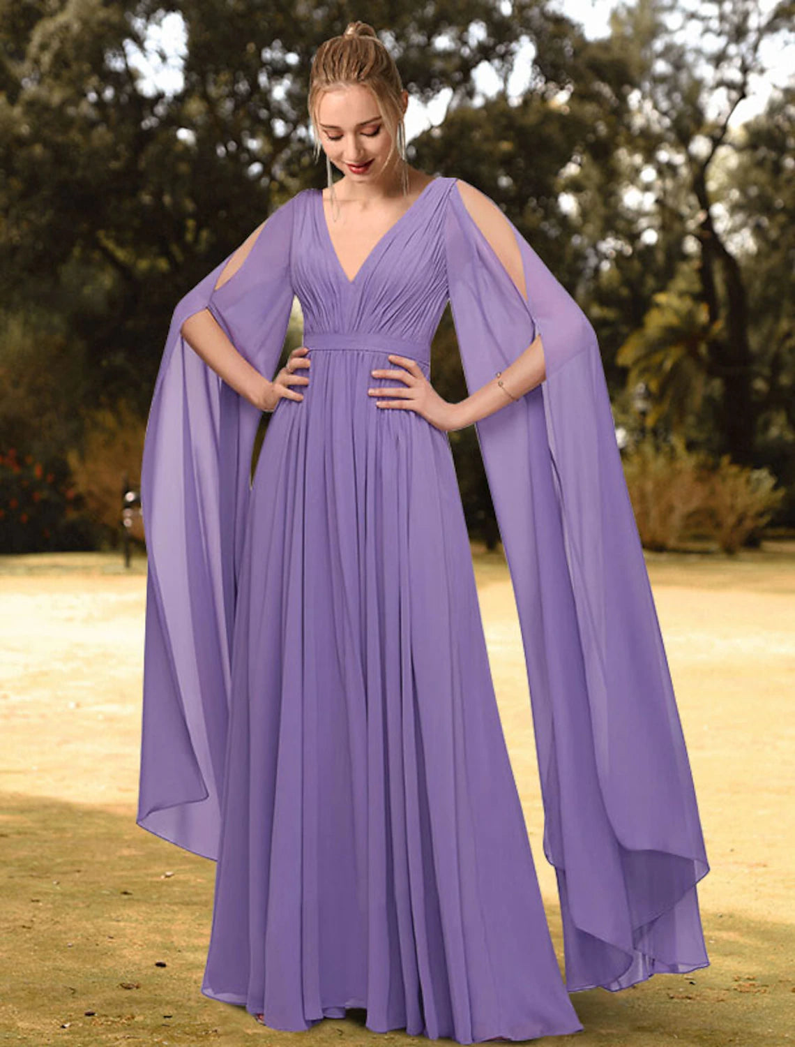 Friend-Out Evening Dress -A-Line Evening Gown Empire Dress Wedding Guest Formal Evening Floor Length Long Sleeve V Neck Chiffon with Pleats Pure Color