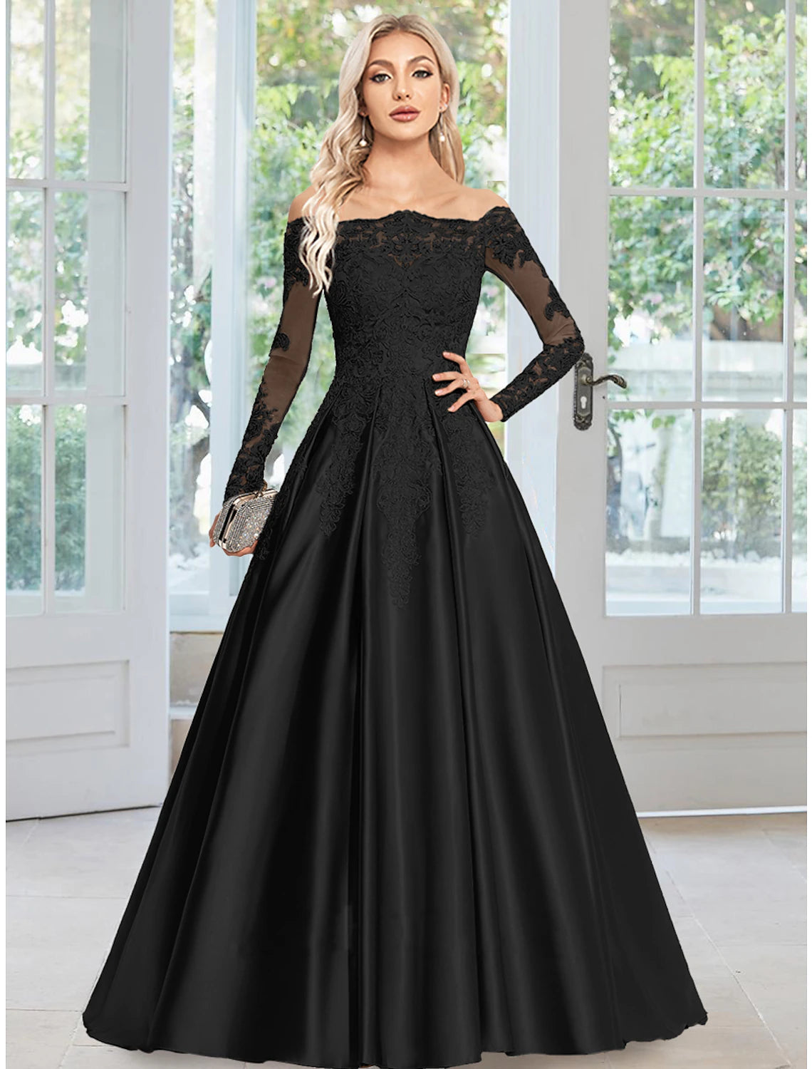 Club-Fun Evening Dress -A-Line Evening Gown Floral Dress Formal Wedding Guest Court Train Long Sleeve Off Shoulder Satin with Appliques