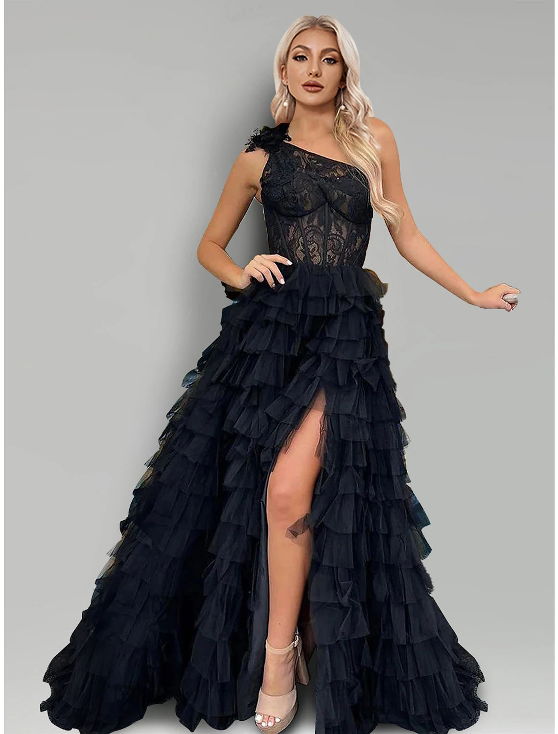 Tiered Evening Dress for Style -A-Line Evening Gown Floral Dress Wedding Party Semi Formal Sweep / Brush Train Sleeveless One Shoulder Lace with Slit Appliques