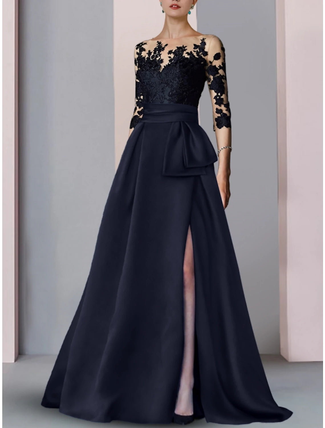 Bow-Edge Evening Dress -A-Line Evening Gown High Split Dress Formal Fall Sweep / Brush Train Half Sleeve Illusion Neck Satin with Slit Embroidery