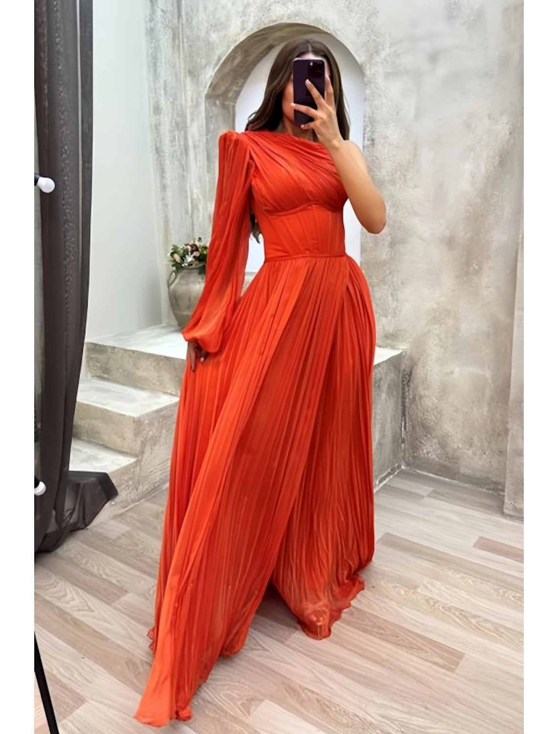 Fall-Party Evening Dress -A-Line Evening Gown High Split Dress Formal Fall Sweep / Brush Train Long Sleeve One Shoulder Chiffon with Pleats Slit