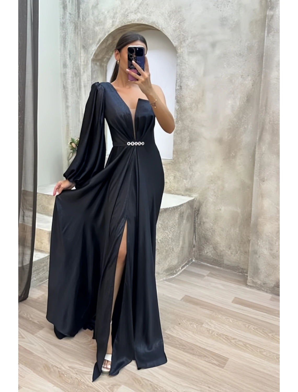 Park-Date Evening Dress -A-Line Evening Gown High Split Dress Formal Fall Sweep / Brush Train Long Sleeve One Shoulder Satin with Pleats Crystals Slit