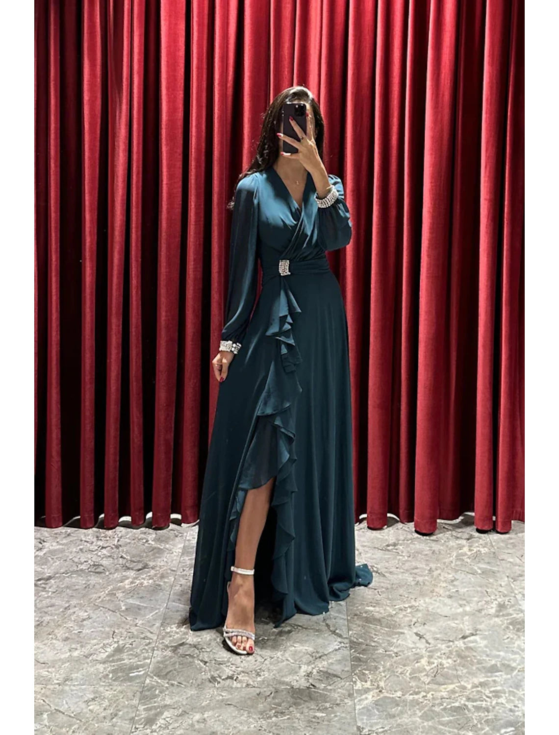 Beach-Night Evening Dress -A-Line Evening Gown High Split Dress Formal Fall Sweep / Brush Train Long Sleeve V Neck Stretch Fabric with Pleats Crystals Ruffles