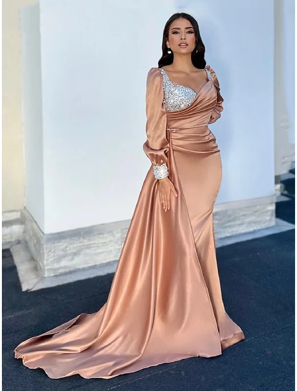 Drape-Sleeve Evening Dress -A-Line Evening Gown Sparkle & Shine Dress Formal Fall Court Train Long Sleeve Square Neck Satin with Glitter Ruched